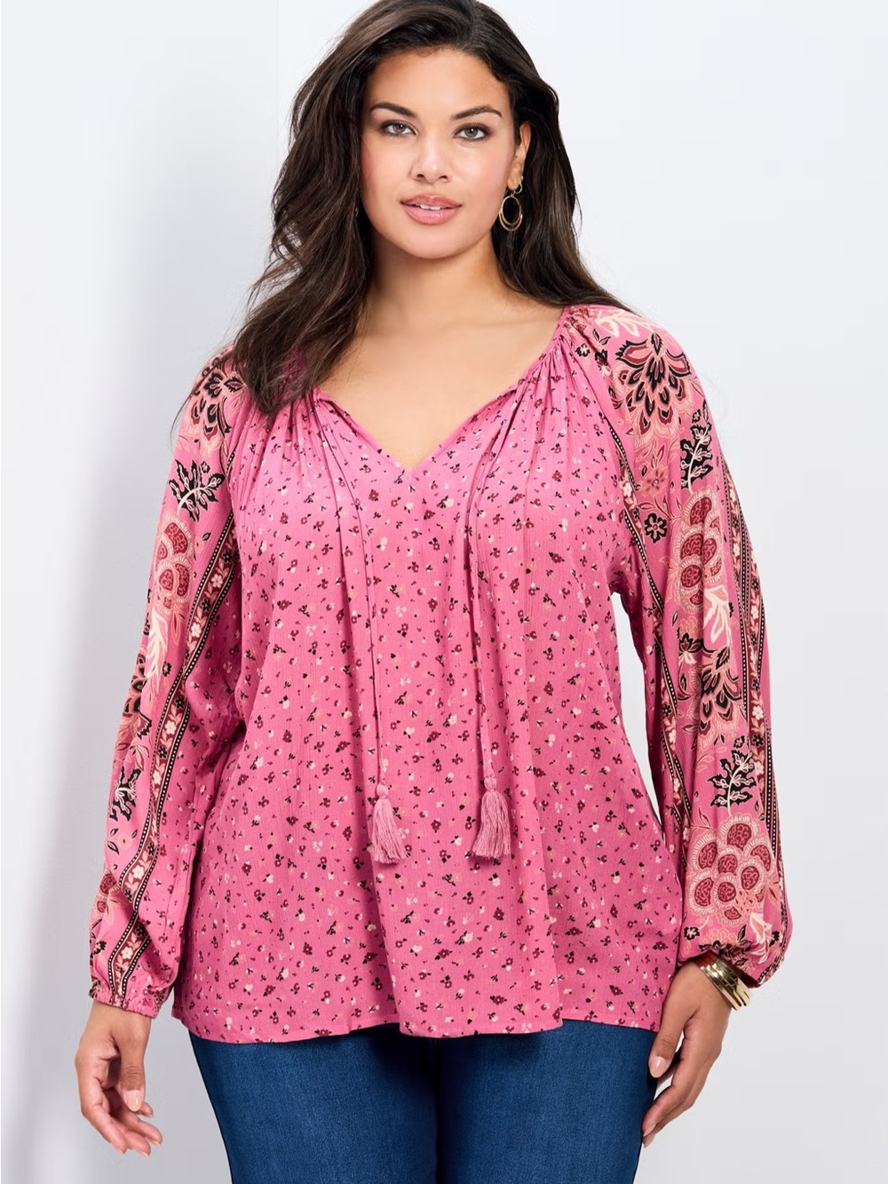 Avenue Plus-Size Pink Boho V-Neck Tassel Peasant Blouse
